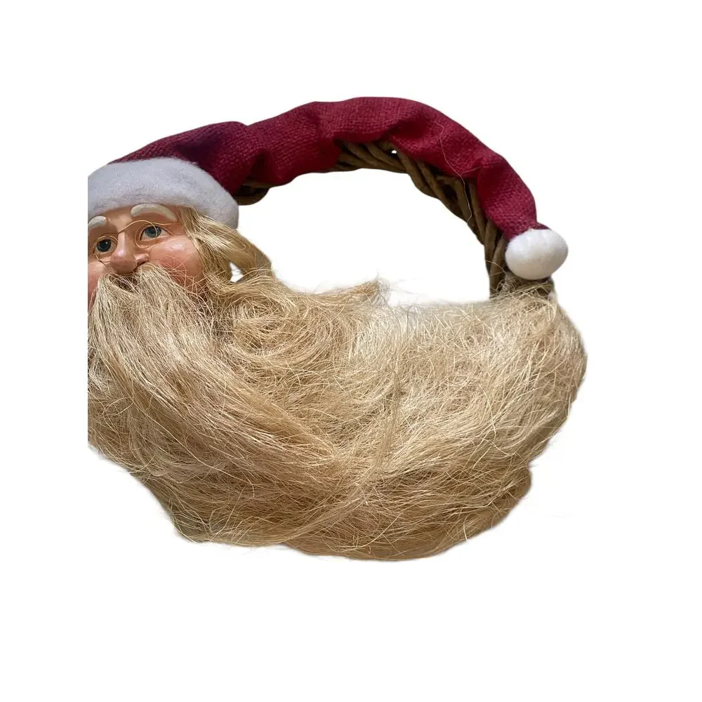 Vintage Grapevine Santa Claus Folk Art Handmade Christmas Wreath Moon Jute Beard